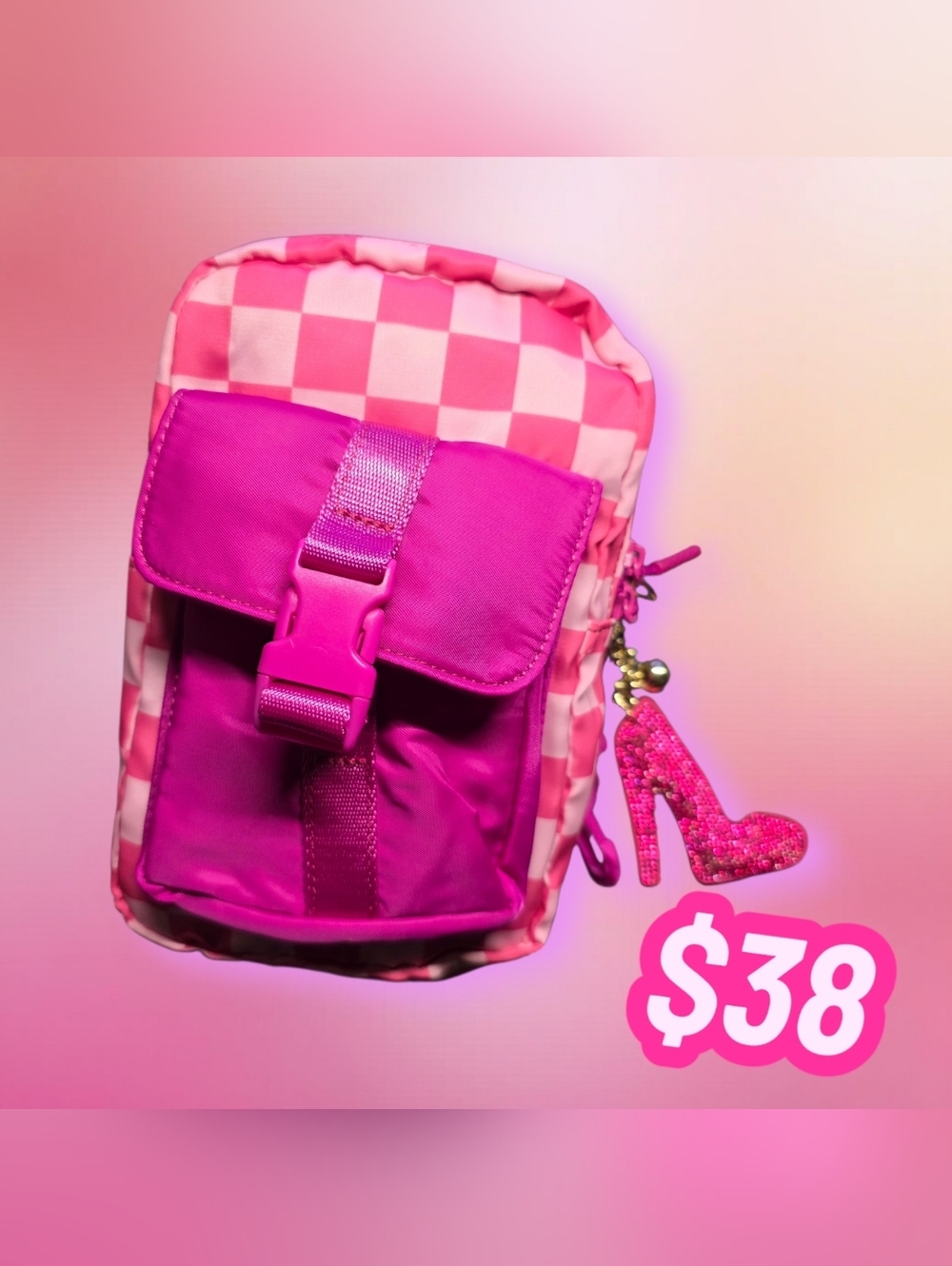 Pink Checkered Crossbody/Sling Bag with Bag Charm - Picture 2 of 3